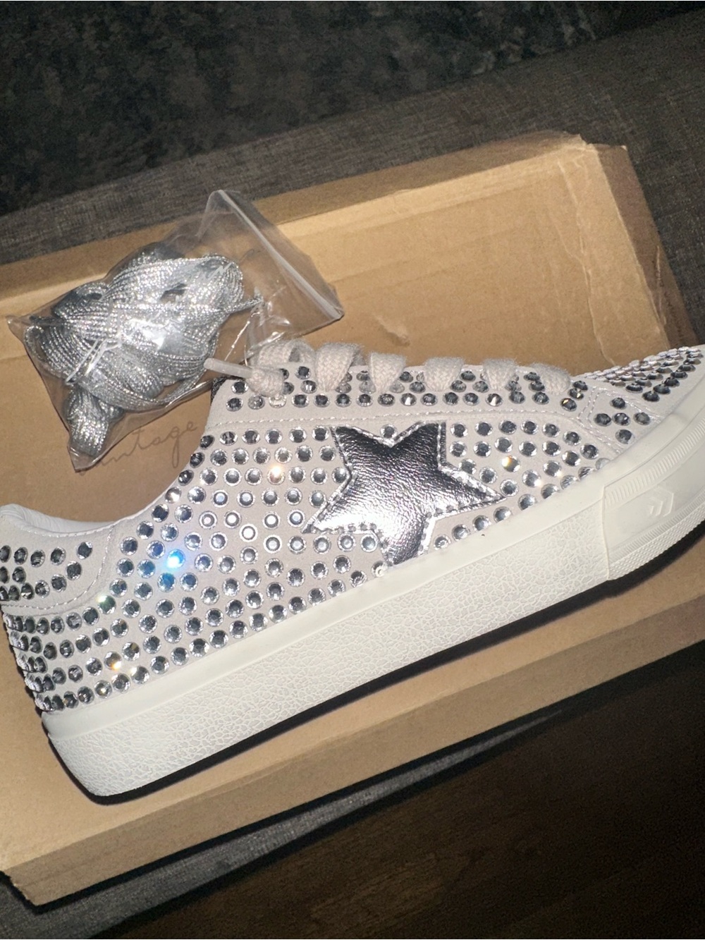 Vintage Havana Grande Silver Full Rhinestone Low-Top Leather Sneakers- Brand New